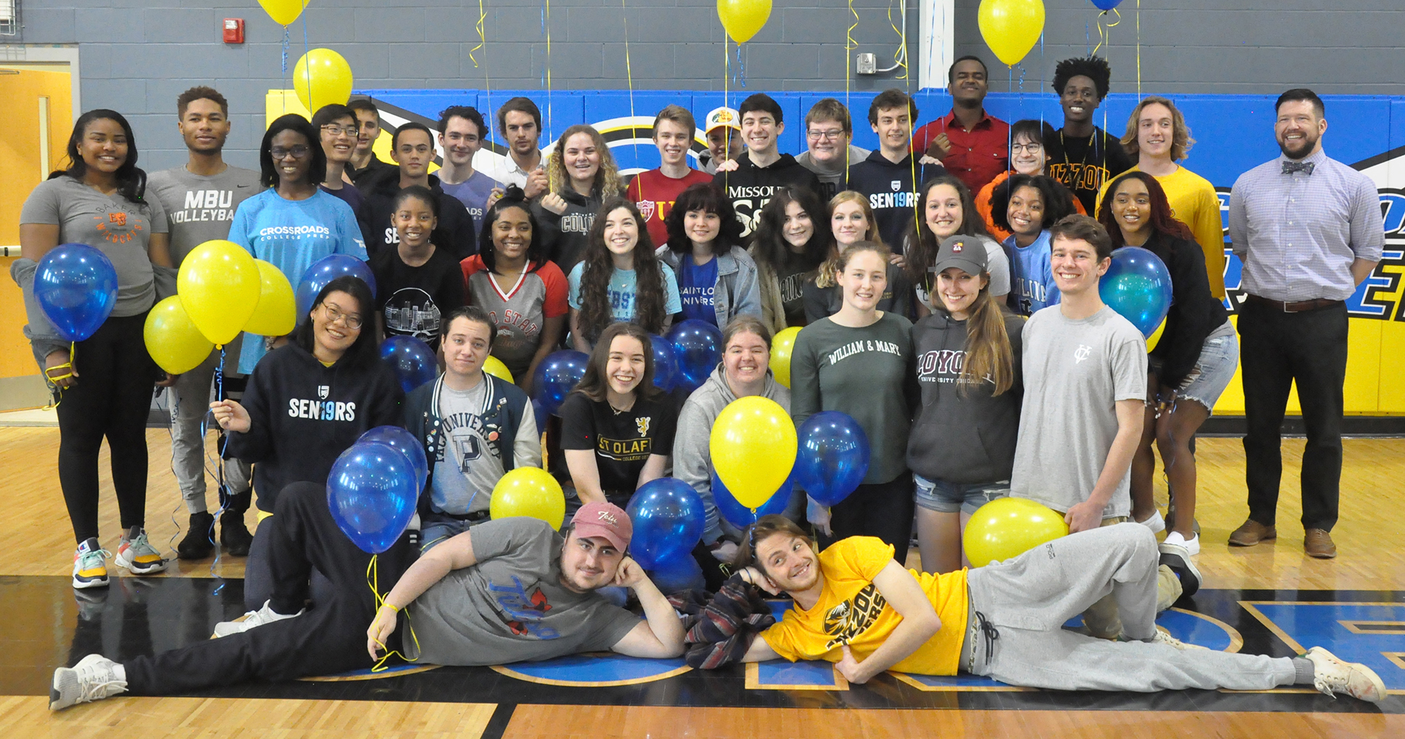 Balloon Day at Crossroads. Seniors wore shirts showing their colleges.